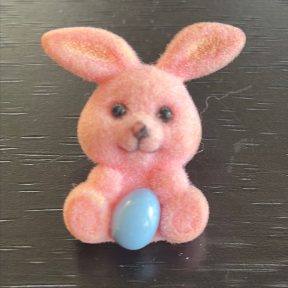 Pink Flocked Bunny Pin with Blue egg